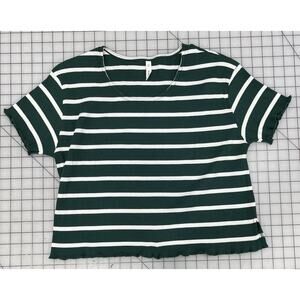 Wishlist Green And White Stripped Cropped T Shirt Scalloped Edges Slits L I5